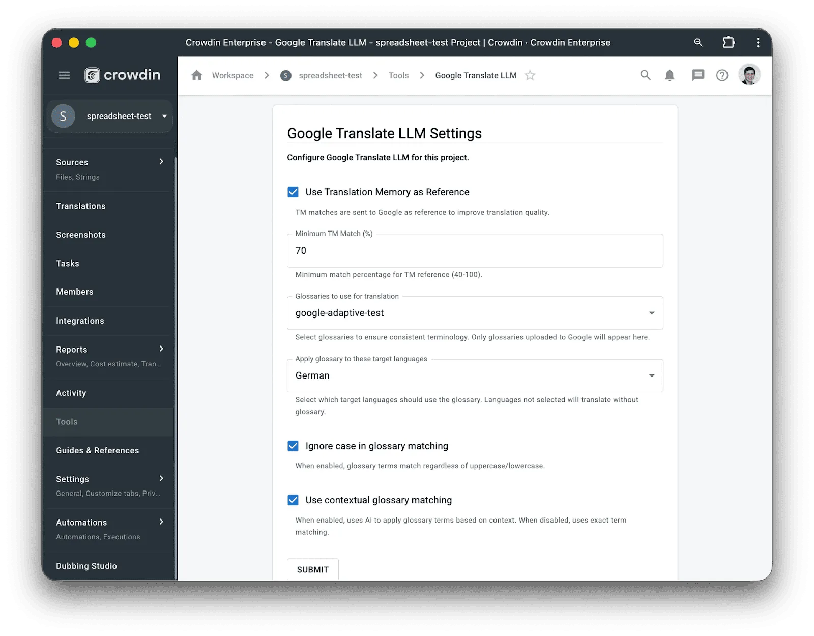 Google Translate LLM in Crowdin